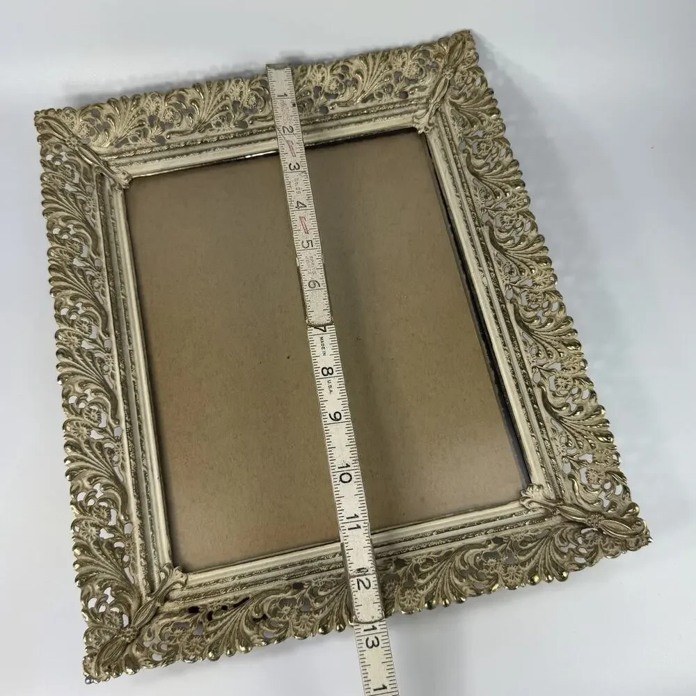 Vintage Gold White Ornate Filigree Metal Photo Frame 8x10